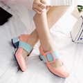 2016 New Spring Summer Retro Med Heel Women Shoes Pumps Patent Leather Square Buckle Platform Single