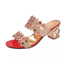 2016 New Style rhinestone cut-outs party women high heel slip-on sandals ladies summer shoes woman tong femme sandals slippers