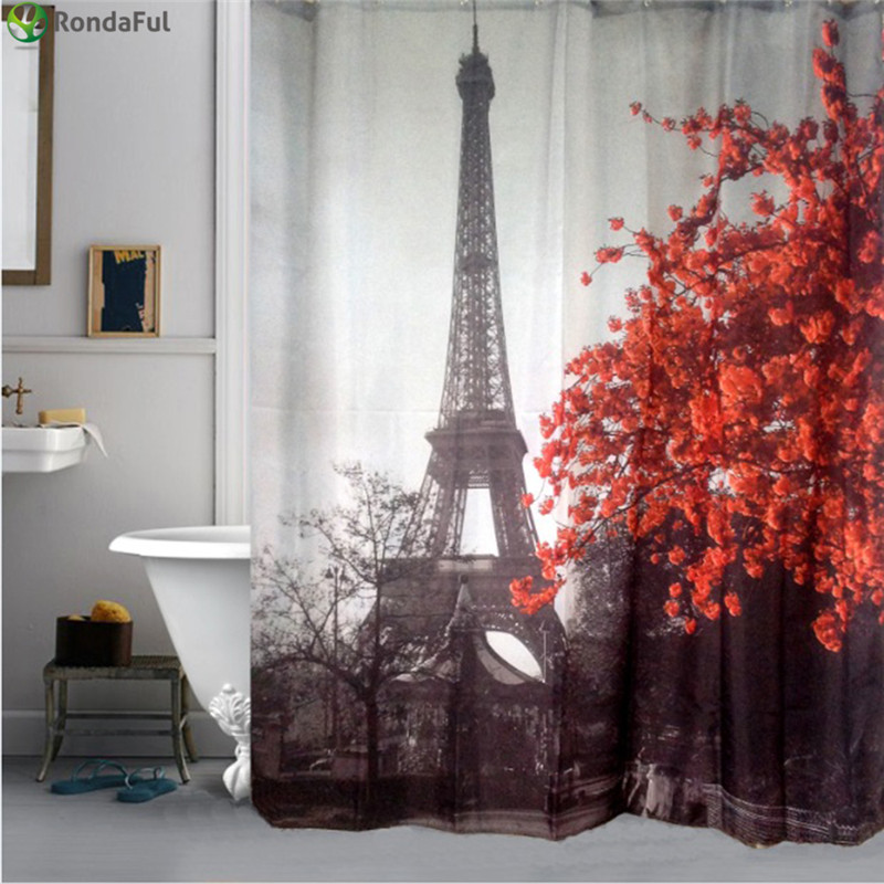 Eiffel Tower & Flower Waterproof Shower Curtain Polyester Fabric Bath Bathing Bathroom Curtains with Hooks for Home Decorations