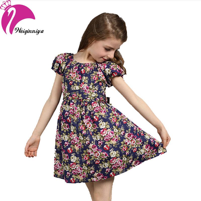 Hot Sale Summer New 2016 European Style Girl Dress Baby Girls Print Flowers Floral Dresses Cotton