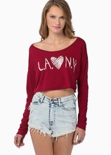 Spring autumn 2016 lady loose long sleeve slash neck blouse shirts sexy vintage letter heart print exposed belly tops