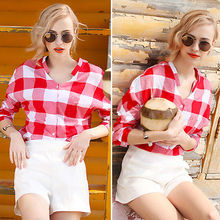 3XL 2XL Plus Size Casual Plaid Shirt Women Loose Long Blouse Check Shirt Leisure Red And White Women Casual Shirt Spring Autumn