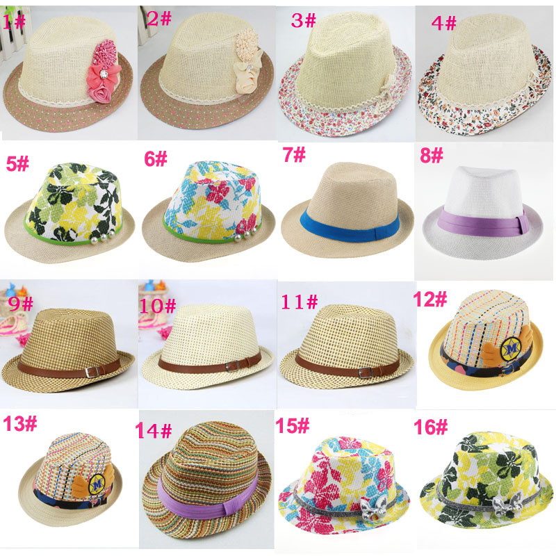 Одежда и аксессуары 16 Designs Children Summer Fedora Hat Baby Straw Sun Cap Kids Top Hat Infant Strawhat Dicers Fedoras 10pcs