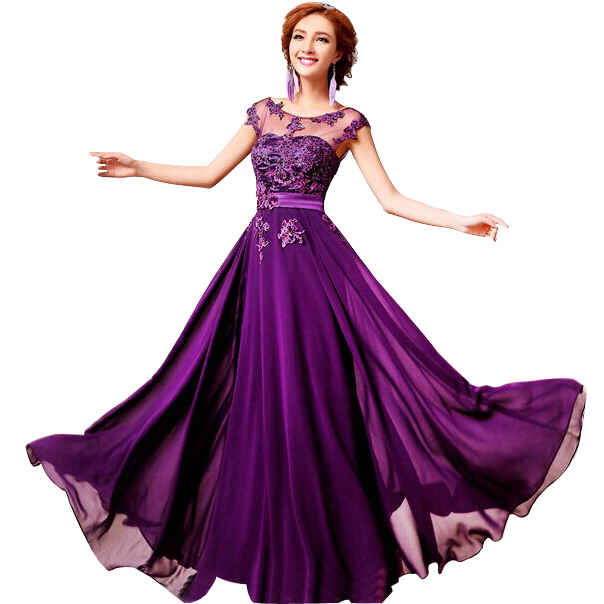 Elegance-Long-Evening-Dresses-Short-Sleeve-Purple-Embroidery-O-Neck ...