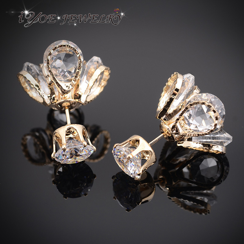 2015 New Brand Crystal Flower Earrings  14K Gold Silver Plated Fashion Couple Jewelry Double Faced Stud Earrings  For Women
