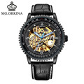 NEW 2016 Automatic Watch ORKINA Brand Mens Watches Big Dial Geared Case Leather Band Golden Skeleton
