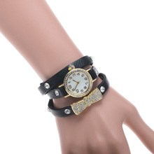 Free Shipping Women Crystal Bow Bracelet Leather Strap Chain Quartz Wrist Watch Fashion