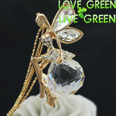 women 18K yellow gold plated Fashion big large 2cm Austrian Crystal Angel fairy Pendant Chain Necklace
