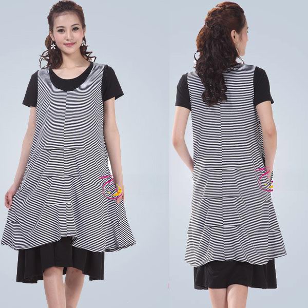 2013 summer maternity clothing Black dress and stripe vest skirt True two-piece casual one-piece dress twinset maternity dress