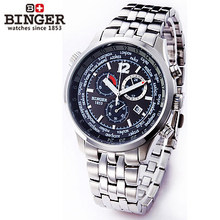 2016 Binger New Men’s Military Sports Watches Multiple Time Zone Watch Auto Analog Digital Self Wind full steel Wristwatches