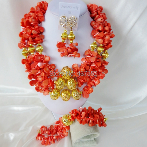 Handmade Nigerian African Wedding Beads Jewelry Set , Pink Coral Beads Necklace Bracelet Earrings Set CWS-350
