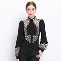 2017 Spring Women Elegant Hollow Princess Long Sleeve Brand Silk Blouse Shirts white black embroidery Shirts