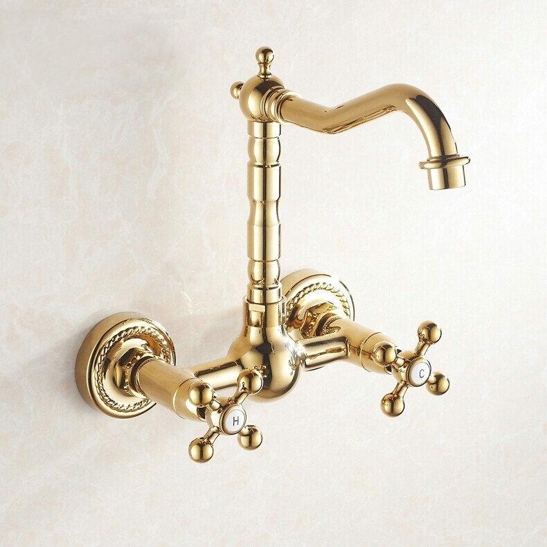 Фотография Golden Wall Mounted Faucets Kitchen swivel faucet Sink Bathroom Basin Mixer Tap  9058G