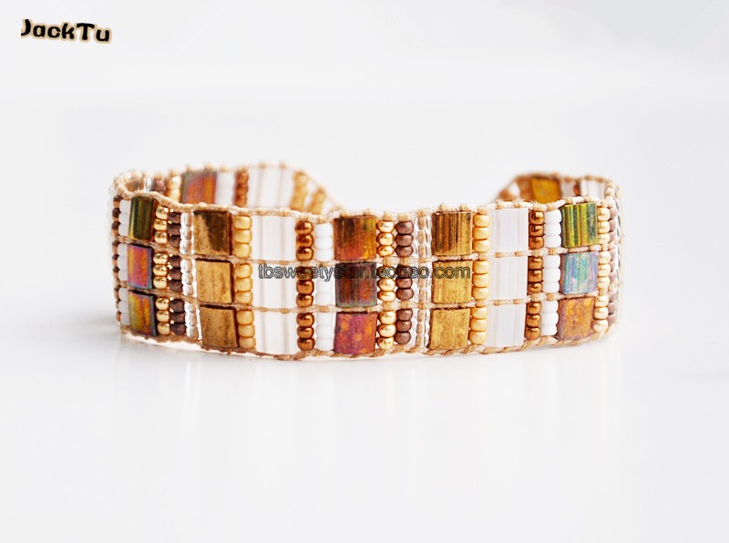 gold mix tila seed bead bracelet on beige nylon
