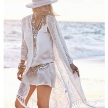Summer Women Fringed White Cardigan Lace Tassel Beach Sunscreen Cover Up Long Sleeve Blouse