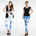 Slim Skinny Blue Sky and Cloud Printed Leggings Mid Waist wear Pencil Tie Dye Comic Ladies