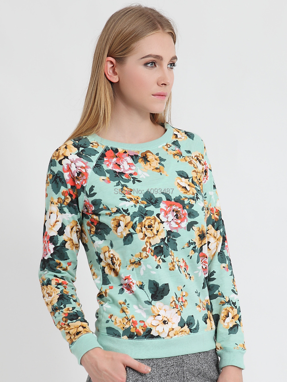 Harbeth 2015New Spring autumn women sweatshirts floral pullover casual hoodies cotton Terry printed O neck long