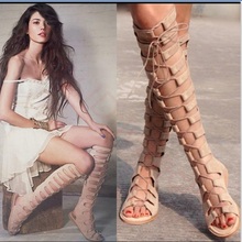 2016 womens gladiator roman pu leather flat sandals lace up strappy cut out hollow knee high summer boots slingback open toe