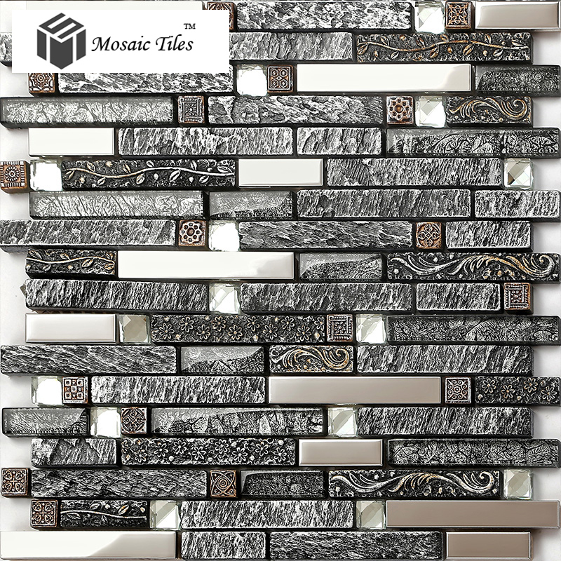 New arrival 11 sheets lot interlocking pattern black resin stainless steel diamond floral kitchen backsplash tile