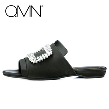 QMN women slippers Sexy Satin Women Slides Slip On Casual Summer Shoes Woman Open Toe Mules With Rhinestone Women Sandals 34-39