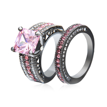 Turkish Engagement Couple Rings with Pink Sapphire 10KT Black Gold Filled Rings, Top Fashion Daihe RN4223 Black Wedding Ring