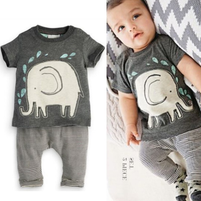 Toddlers Baby Boys Suits Elephant Print Tops Shirt + Long Pants Outfits Infant Clothes 2PCS