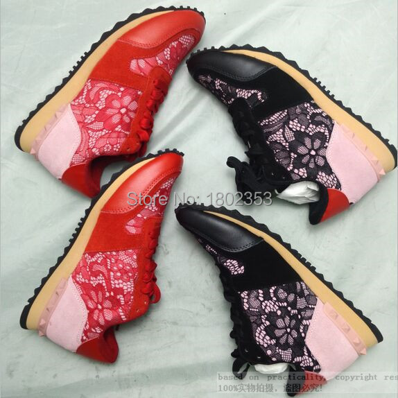 2015 Luxury Brand Valentine Sneakers Black red pink Rivets Shoes Unisex Leisure Men Women Lace Genuine