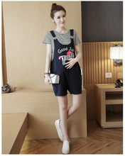Two-piece 2016 Summer New Shorts+T-shirt Suit Set Striped Female Loose Belly Bib Pants Maternity Clothes For Pregnant Women