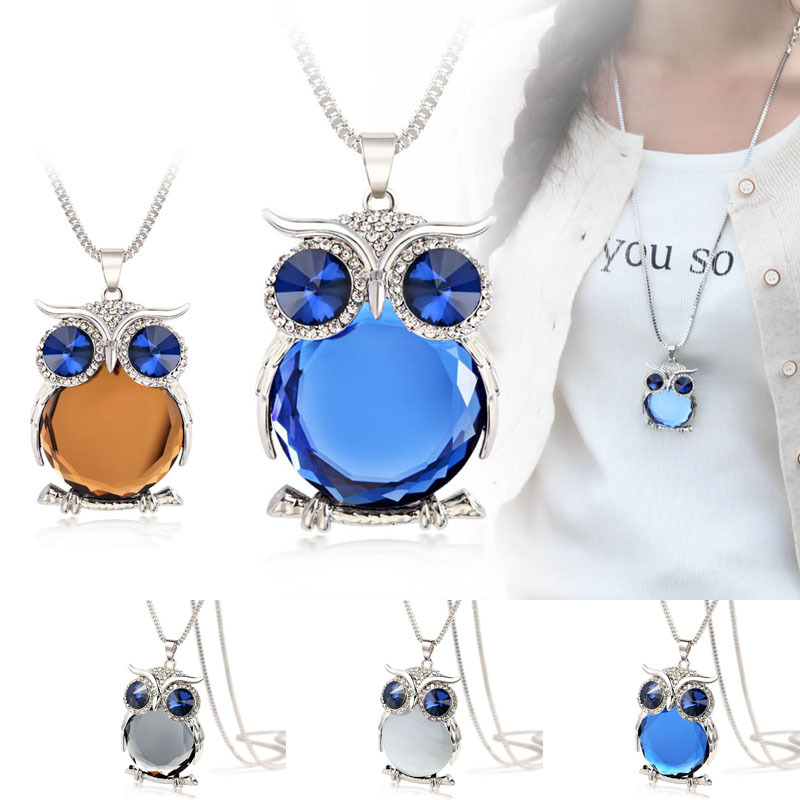 4 Colors New Owl Necklace Top Quality Rhinestone Crystal Pendant Necklaces Classic Animal Long Necklace Jewelry