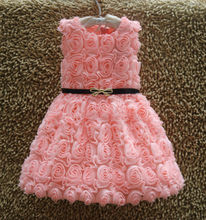 Pink Red Color Summer Lace 3D Rose Flower Sleeveless Girls Dresses Princess Girls Dresses Vestido Infantil Festa princesa