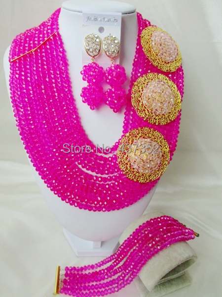 Amazing Fuchsia Pink Baby Pink Crystal Nigerian Necklaces African Beads Wedding Jewelry Set 2015 New Free Shipping NC217