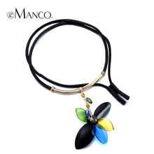 Acrylic flower pendant leather cord necklace eManco 2015 spring new arrival women crystal zinc alloy necklace