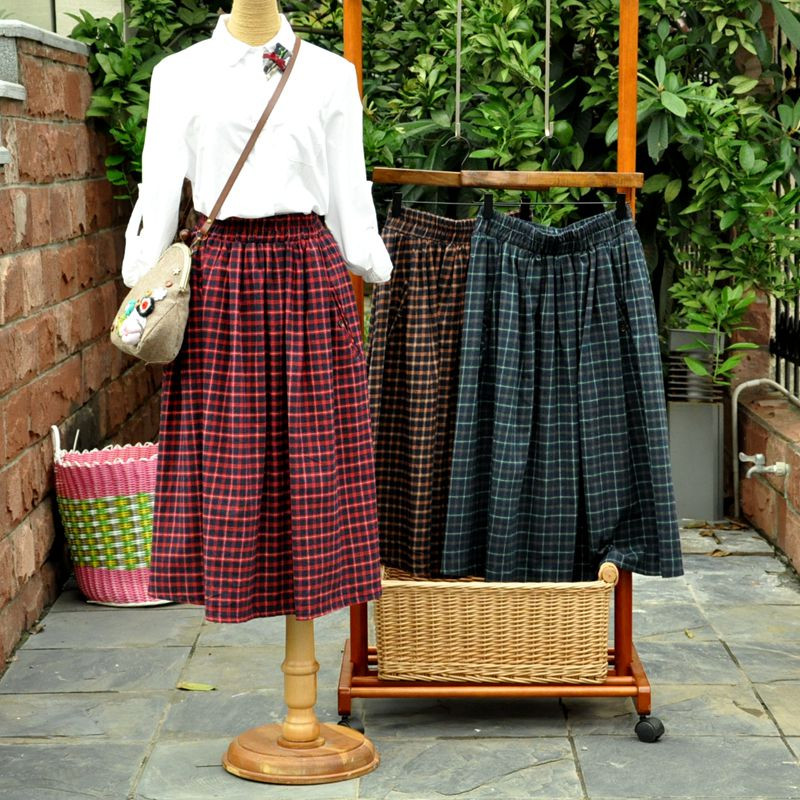 HOT SALE Long Vintage Preppy Japanese Style School Uniform Plaid Elastic Waist A line font b