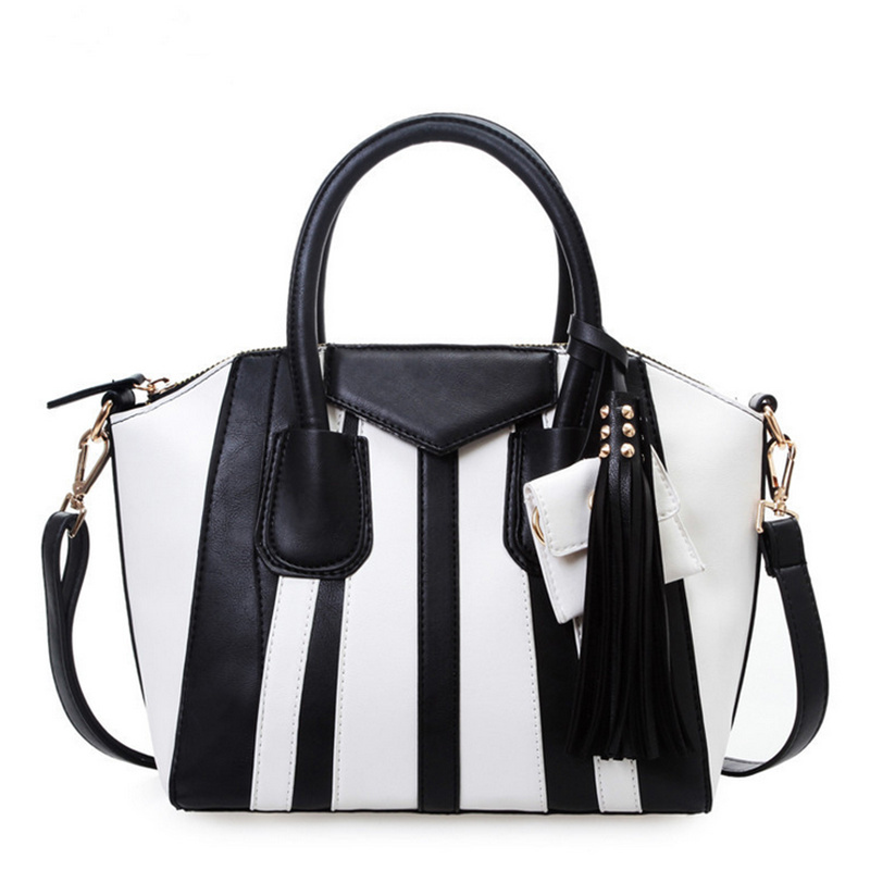 Trend Womens Dual Use Bag Black and White Striped Leather Handbag with Delicate Charms Nice ...