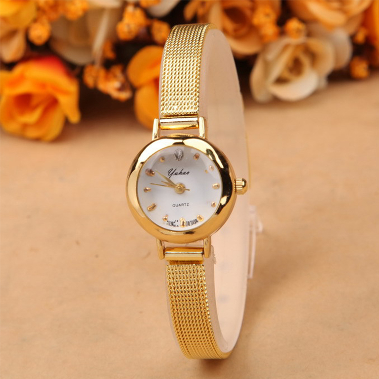 2015 New Ladies Fashion Watches Women Watch Girls Royal Gold Dial Bracelet Quartz Stainless Steel Wrist