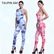 2016 Summer Mono Print Sexy Jumpsuit Bodycon Romper Women Turtleneck Off Shoulder Back Cutout Long Pants Catsuit dashiki TA59014