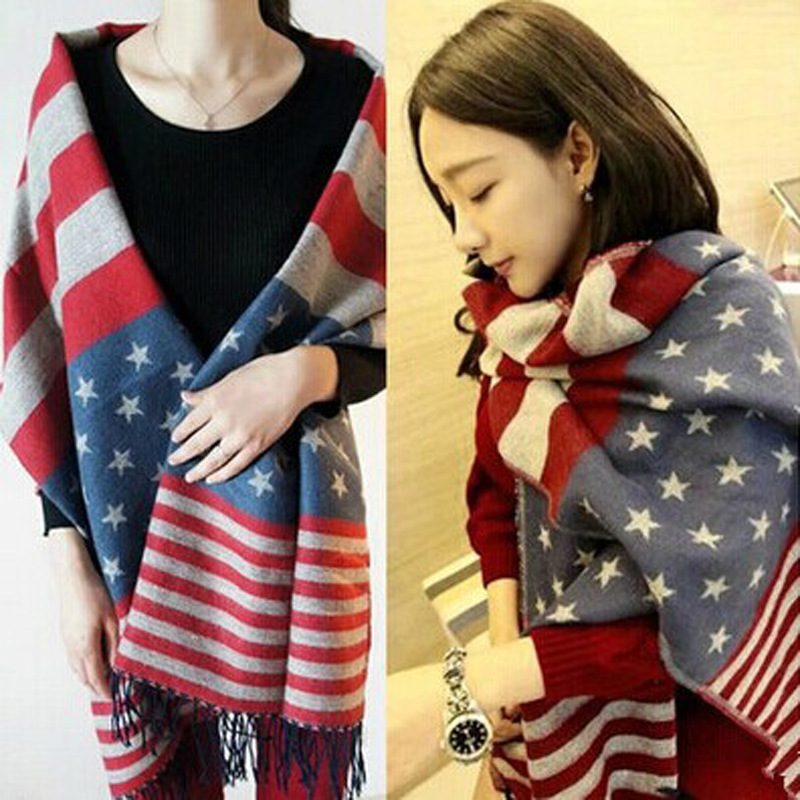 autumn winter keep warm The American flag stars striped scarf Male ladies knitting wool fringed shawl