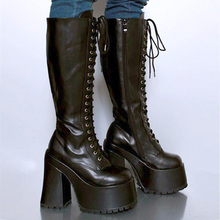6 inch Square Heel High plaftorm Unisex Knee High Goth Steampunk Lace Up Boots