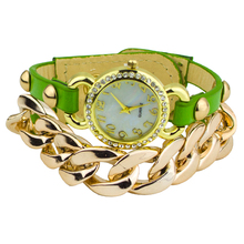 Popular Ladies Punk Style Multicolor Gold Plated leather Rhinestone Band Acrylic Chain Bracelet Dress Watch 5VAM