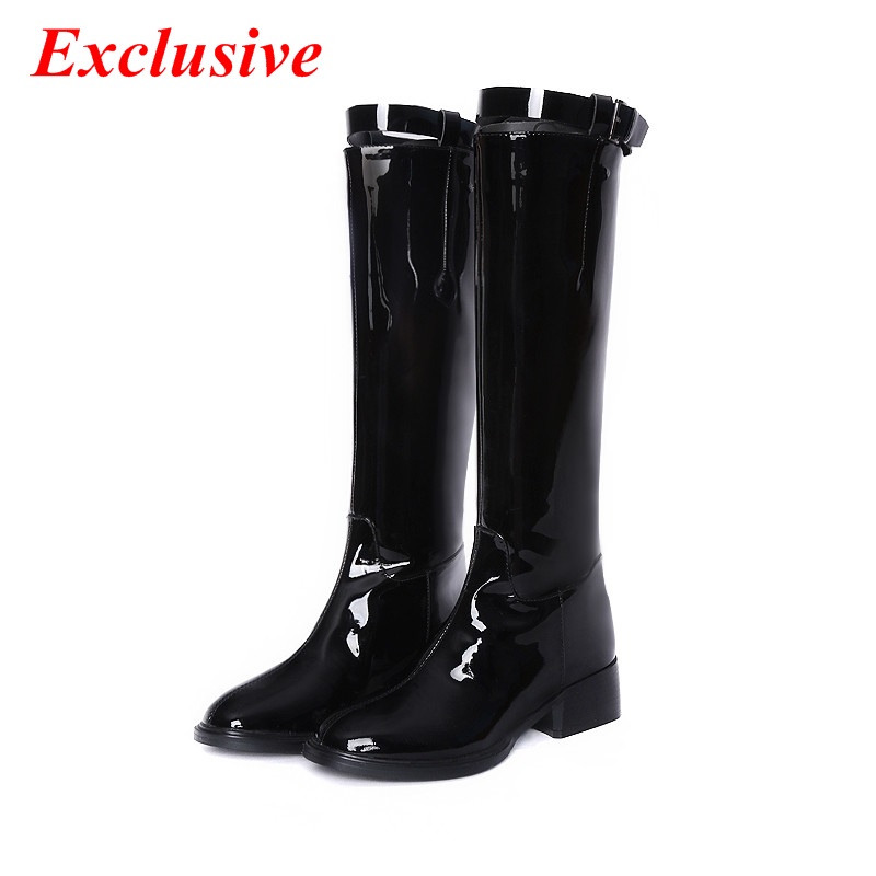 Woman Low-heeled High Boots Short Plush Cowhide Pointed Buckle Toe Long Boots Patent Leather High Quality Low-heeled High Boots