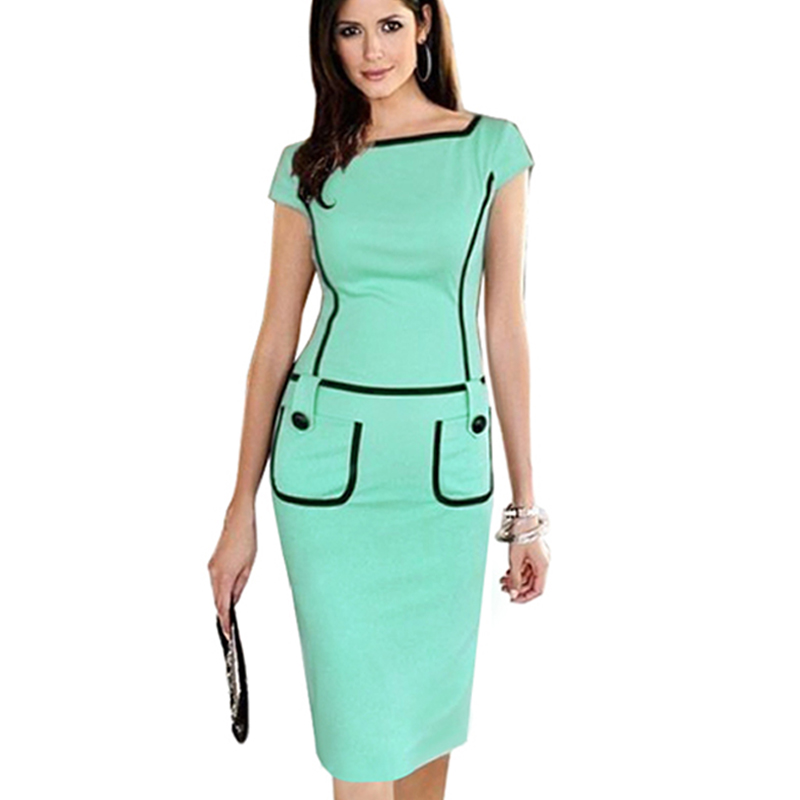 2014 elegant dress Womens  summer button short Sleeve Vintage Colorblock Bodycon Wear To Work Tunic Party slim Pencil Dress 789