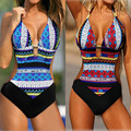 Plus size S XXL 2016 summer bohemia printed high cut one piece swimsuit women monokini push