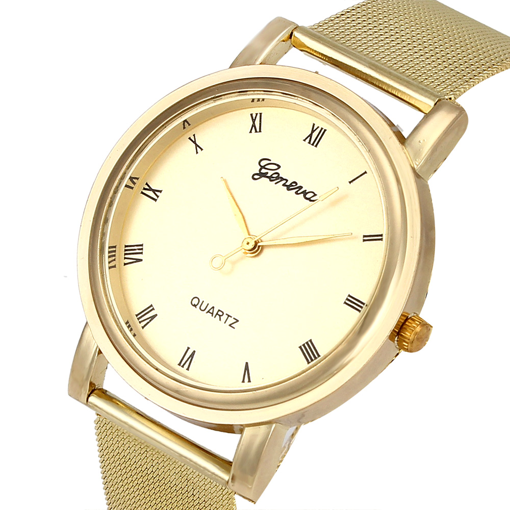 2016 New Arrival, Watches Women Roman Numerals Geneva Brand Clock Stainless Steel Wrist Watch Mesh Gold Relogio femme Montre