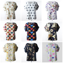 Plus Size New Fashion 2014 Summer Women Print Chiffon Shirt Vintage Birds and19 Styles Batwing Sleeve