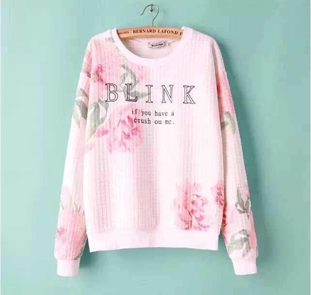 2015 spring women\'s o-neck T-shirt new positioning pink flowers letter plaid sweater Hoodies Sweatshirts free shipping (2)