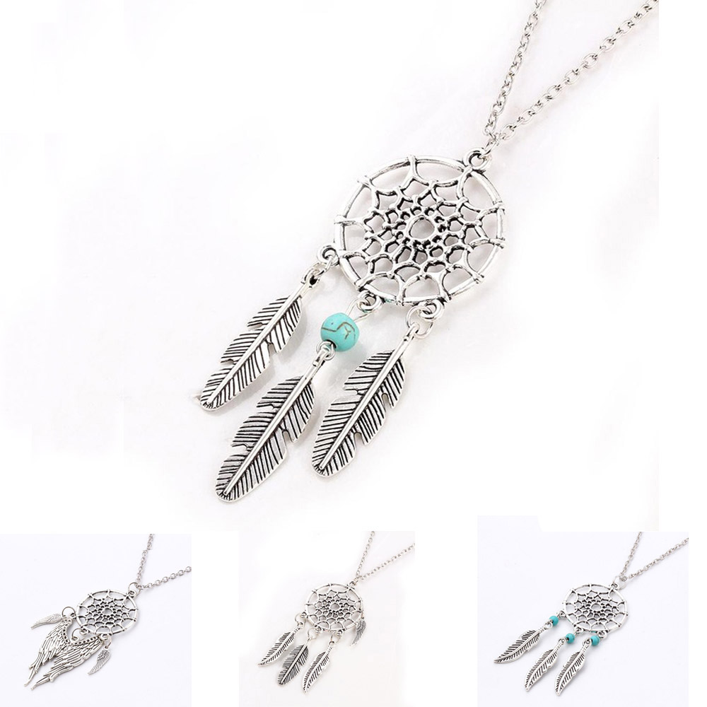 Ancient Silver Plated Alloy Girl Chian necklaces For Women Vintage Korea Dream Catcher Leaves Pendant Necklace