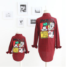 2016 New Fashion Family Look Girl And Mother Mickey Cartoon Plaid Shirt Family Matching Outfits Cotton