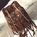 2016 Hot Vintage Rivet Crossbody Bucket Bags Women Fashion Designer Fringe Tassel Shoulder Bag Ladies Small