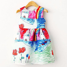 Colorful Girl Dress 2016 New Brand Princess Dress Girl Designer Character Painting Kids Dresses for Girls Clothes Vetement Fille