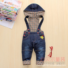 Spring Autumn winter baby boys and girls Jeans baby cartoon casual denim overalls denim blue trousers plus velvet hooded